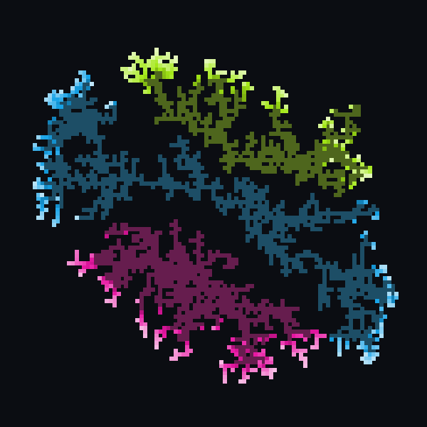 Dendrite #42, three seeds each claiming territory and interleaving where they meet